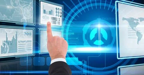 Hand touching and interacting with technology interface panels Stock Photos