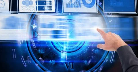 Hand touching and interacting with technology interface panels Stock Photos