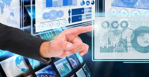 Hand touching and interacting with technology interface panels 库存照片