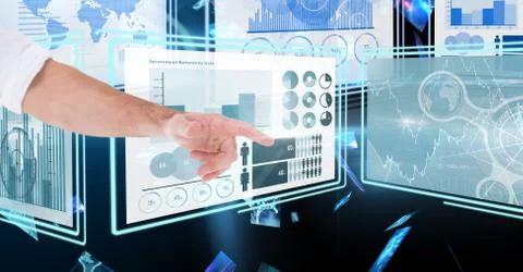 Hand touching and interacting with technology interface panels Stock Photos