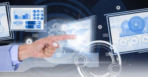 Hand touching and interacting with technology interface panels 库存照片