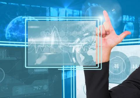 Hand touching and interacting with technology interface panels 스톡 사진
