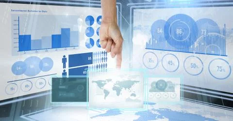 Hand touching and interacting with technology interface panels Stock Photos