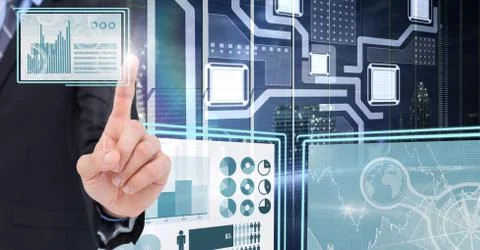 Hand touching and interacting with technology interface panels Stock Photos
