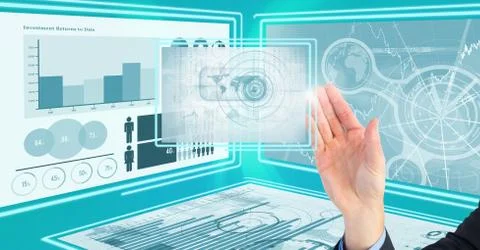 Hand touching and interacting with technology interface panels 库存照片