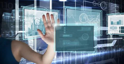 Hand touching and interacting with technology interface panels Stock Photos