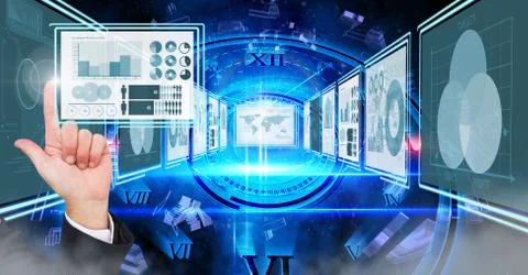 Hand touching and interacting with technology interface panels Foto stock