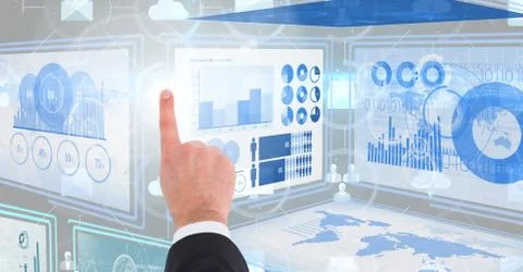 Hand touching and interacting with technology interface panels Stock Photos