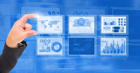 Hand touching and interacting with technology interface panels Stock Photos