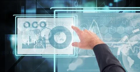 Hand touching and interacting with technology interface panels Stock Photos