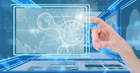 Hand touching and interacting with technology interface panels Stock Photos