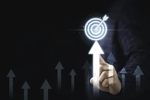 Hand touching up arrow with virtual target board for enhance and set up bus.. Stock Photos