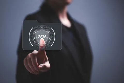 Hand touching on big data network connection with safety shield, data protect Stock Photos