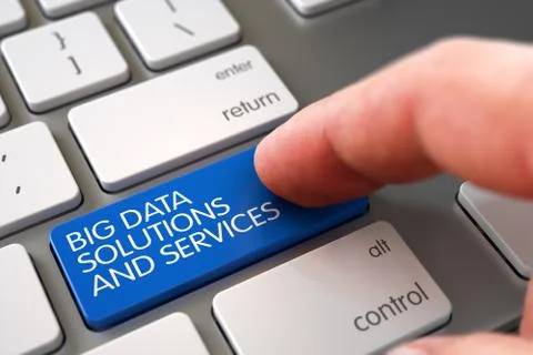Hand Touching Big Data Solutions And Services Key. 3D Illustration Stock Illustration