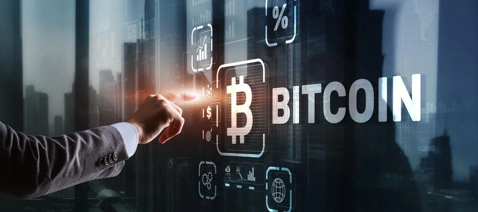 Hand touching Bitcoin button. Modern business technology concept. Bitcoin Stock Photos