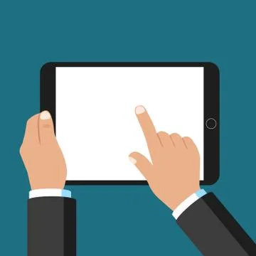 Hand touching blank screen of tablet computer.Vector illustration. Stock Illustration