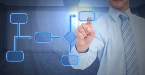 Hand touching blue wireframe Stock Photos