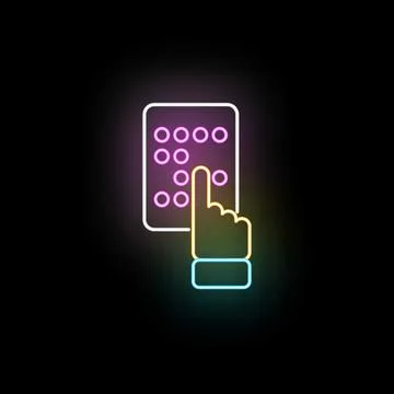 Hand touching braille display neon glowing icon Stock Illustration
