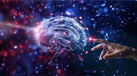 Hand touching brain and network connection on glitter bright lights Fotos de archivo