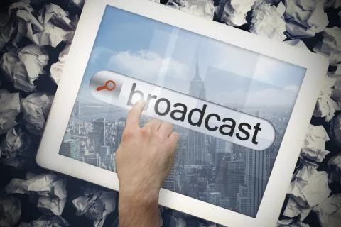 Hand touching broadcast on search bar on tablet screen Stock Illustration