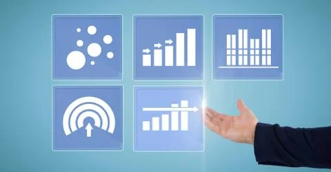 Hand touching business chart statistic icons 写真素材