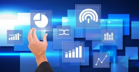 Hand touching business chart statistic icons Stock Photos