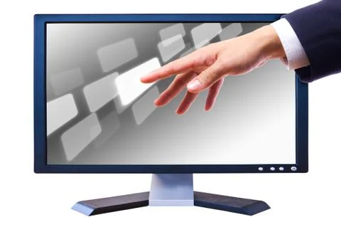 Hand touching button  on lcd screen Stock Photos