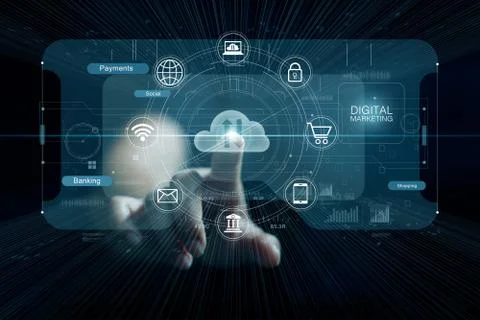 Hand touching cloud computing. Digital marketing channel and icon network Foto stock