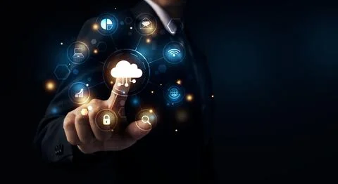 Hand touching cloud computing icons. Stockfoto's