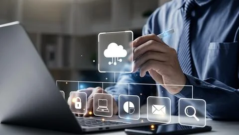 Hand touching cloud computing icons. Stock Photos