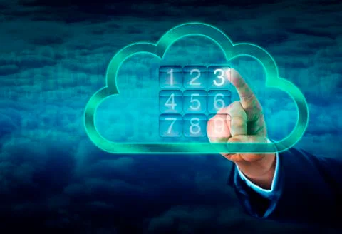 Hand Touching A Cloud Secured By Electronic Lock Stock Photos