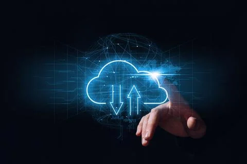 Hand touching cloud technology hologram icon. Data storage service. Stock Photos