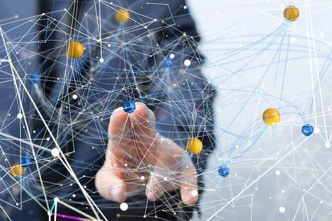 Hand touching a complex arrangement of interlinked spheres Stock Photos