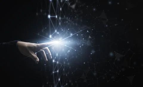 Hand touching to connection line which glowing for digital transformation a.. 库存照片