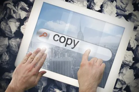 Hand touching copy on search bar on tablet screen Illustrazione stock