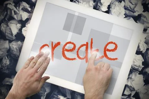 Hand touching create on search bar on tablet screen Illustrazione stock