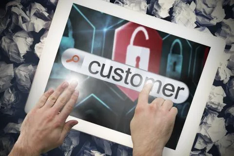Hand touching customer on search bar on tablet screen Illustrazione stock