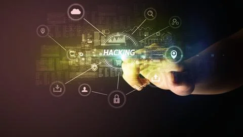 Hand touching cybersecurity button concept 스톡 사진