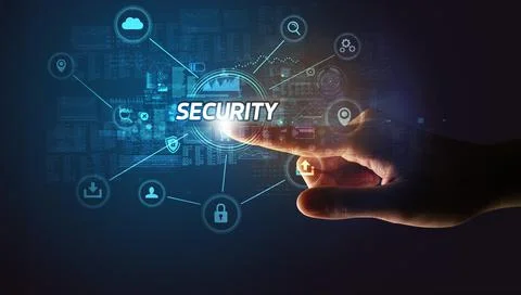 Hand touching cybersecurity button concept 스톡 사진