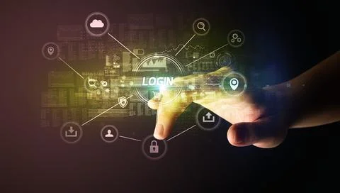 Hand touching cybersecurity button concept Stock Photos