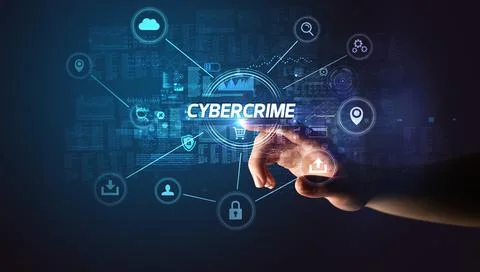 Hand touching cybersecurity button concept Stock Photos