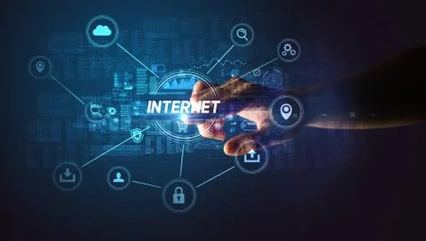 Hand touching cybersecurity button 写真素材