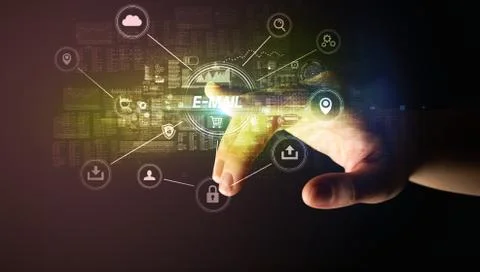 Hand touching cybersecurity button Stock Photos