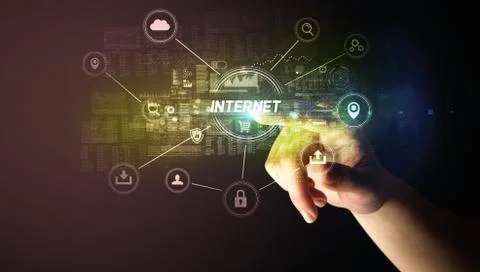 Hand touching cybersecurity button 写真素材