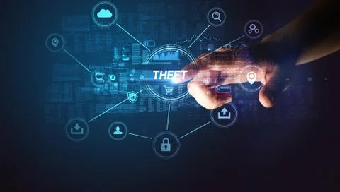 Hand touching cybersecurity button Stockfoto's