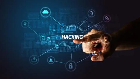 Hand touching cybersecurity button Stockfoto's