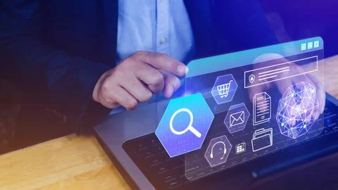 Hand touching of data search box information icon with Digital marketing in.. Stock Photos