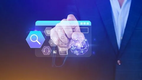 Hand touching of data search box information icon with Digital marketing in.. Stock Photos