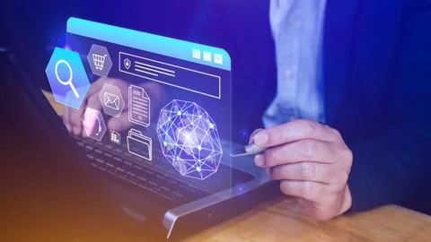 Hand touching of data search box information icon with Digital marketing in.. Stock Photos