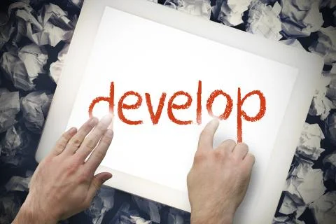 Hand touching develop on search bar on tablet screen Stock Illustration